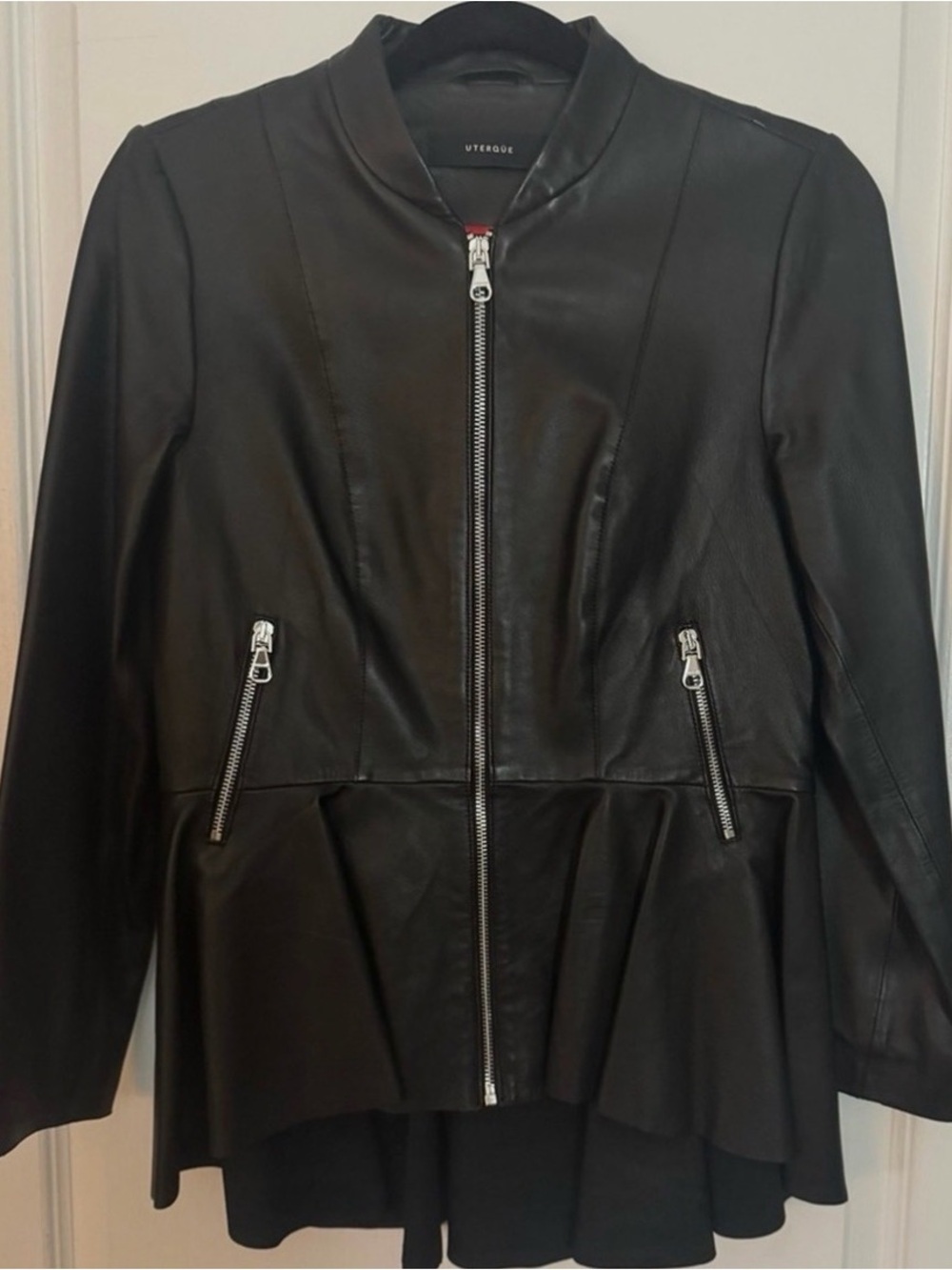 Uterqüe Black Real Leather Peplum Zip Jacket